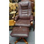 Modern leather swivel armchair with matching stool on a bentwood frame. (B.P. 21% + VAT)