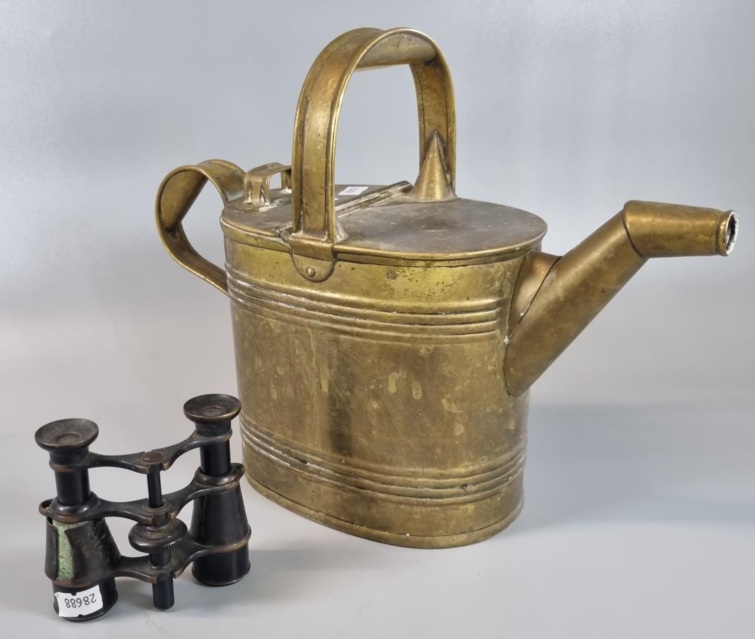 Vintage brass watering can together with a pair of vintage opera glasses. (2) (B.P. 21% + VAT)