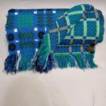 Blue ground vintage woollen Welsh tapestry blanket or carthen with fringed edge and 'Pure New