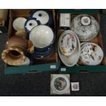 Two boxes of ceramics to include; Woods ware 'powder blue' design dinnerware comprising: lidded
