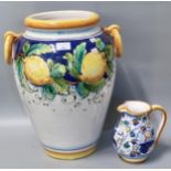 Large Italian pottery classical design vase decorated with lemons and foliage together with