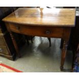 Victorian mahogany bow front single drawer side table on fluted tapering legs. 90x52x84cm approx. (
