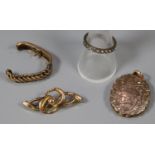 Bag of mainly 9ct gold items to include: locket, brooch etc together with a silver dress ring. (B.P.