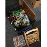 Box of modern toys to include: child's Abacus, wooden dolls furniture, Subbuteo football players,