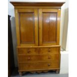 19th century Welsh pale oak two stage linen press cupboard, the moulded cornice above two blind