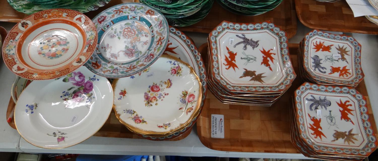 Two trays of china to include; modern Chinese goldfish and lobster design square plates in various