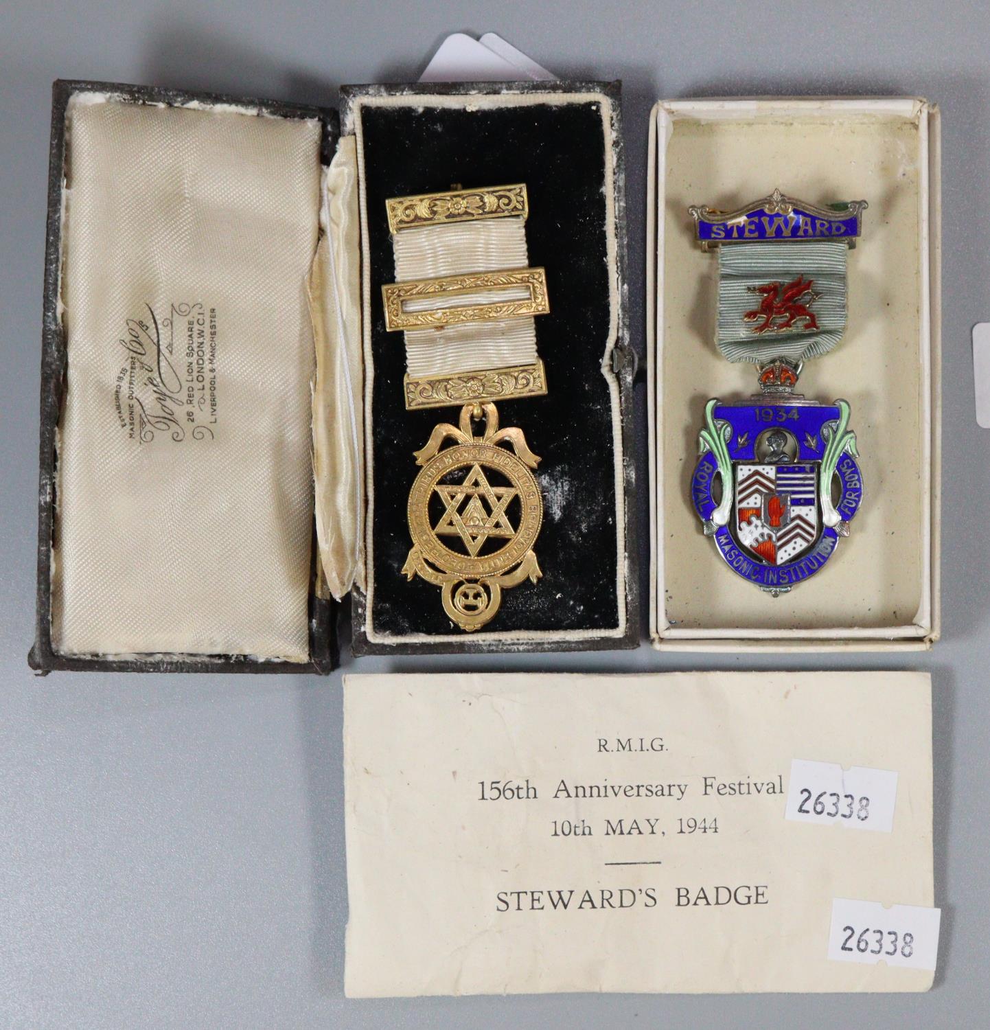 Silver gilt Masonic Stewards Jewel/Medallion Royal Masonic Institution for Boys 1934 together with