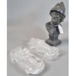 Spelter bust of a Greek Warrior, on square pedestal base. 22cm high approx. Together with Moulded