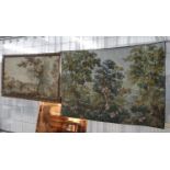 Two modern tapestry wall hangings, one of figures near a river with donkey and bridge the other a