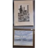 Beverley Currie, study of steel works Port Talbot, signed. Charcoal. 50x32cm approx. Together with