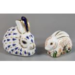 Two Royal Crown Derby bone china paperweights, 'Rabbit' and 'Baby Rowsley Rabbit', with COA and both