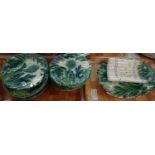 Two trays of 19th Century Majolica moulded relief design asparagus and artichoke design plates (7