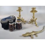 Pair of brass candlesticks, the bases decorated with mythical dragons together with a brass study of