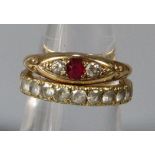 18ct gold three stone ruby and diamond ring. 4.6g approx. Size O, together with a yellow metal