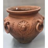 Large terracotta planter/jardinière with moulded lion mask mounts and ring handles. (B.P. 21% + VAT)