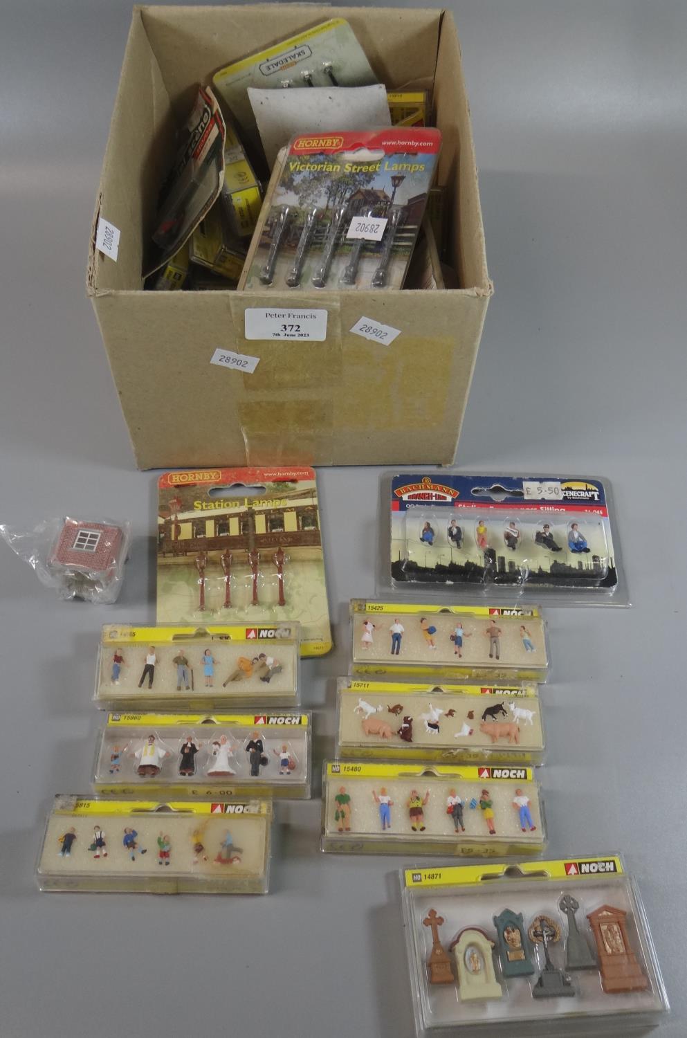 Box of Hornby, Noch, and Bachmann Branch-line etc. Boxed items to include: station passengers,