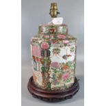 Oriental design Macau decorated Canton style cylindrical lamp base in the form of a jar and cover on