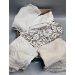 Box of good quality vintage linen tableware to include: embroidered tablecloths, place mats, crochet