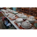 Ten trays of china to include: a large quantity of Minton 'Haddon Hall' design dinner, tea and