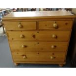 Late Victorian pine straight front chest of two short and three long drawers having turned knob