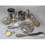Box of mainly silver plate to include: open face pocket watch marked Howells Llandilo Lever, cup