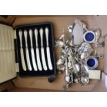 Box of silver and silver plate to include: continental 835 spoons and cake server decorated with