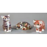 Three Royal Crown Derby bone china paperweights, two in original boxes to include: 'Catnip Kitten'