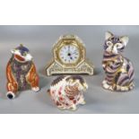 Three Royal Crown Derby bone china paperweights, to include: Imari seated cat, seated bear and