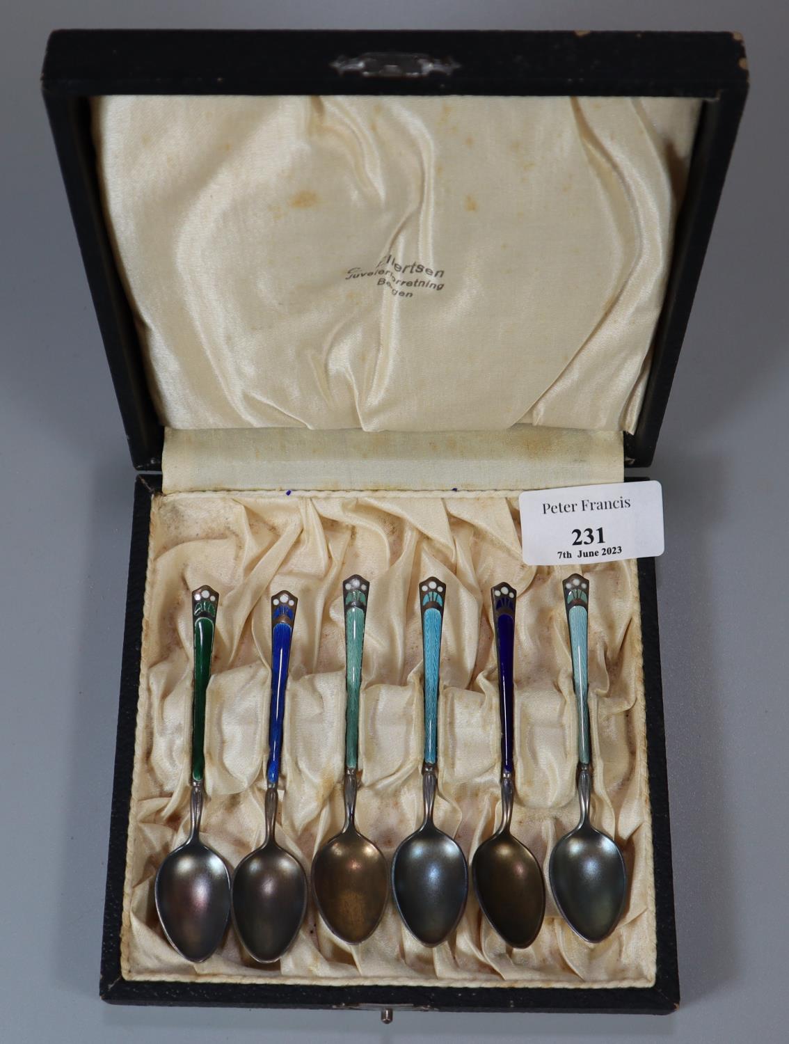 Set of enamel 925 cased spoons. 1.75 troy oz approx. (B.P. 21% + VAT)