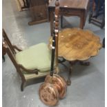 19th century oak clover leaf tripod table standing on ball and claw feet (cut down), together with