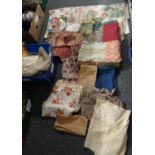 Box of textiles to include: partly made patchwork quilts, cushion covers, various vintage fabrics;