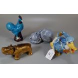 Four animal figures to include; blue glazed Art pottery cat with indistinct signature to base (