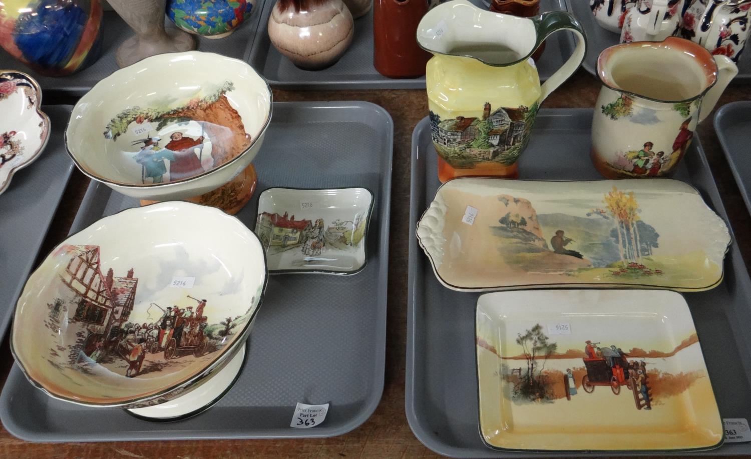 Two trays of Royal Doulton items with landscape scenes; Coaching days rectangular dish, two jugs,