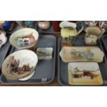 Two trays of Royal Doulton items with landscape scenes; Coaching days rectangular dish, two jugs,