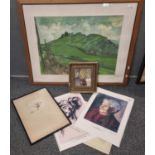 Group of assorted prints and furnishing pictures to include: etching of a ballet dancer signed by