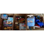 Three boxes of assorted toys and diecast model vehicles to include: Lone Star tractor shovel, New