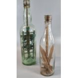 Two vintage glass bottles containing a strange collection of wooden miniature tools and other relics