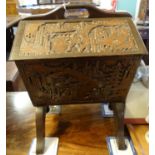 Mid century Chinese hardwood carved ladies sewing box, the exterior with carved figures amongst