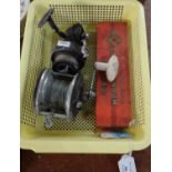 Tray of assorted items to include: two fishing reels; 11D ocean city 'True temper' USA and a K P