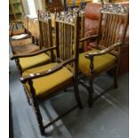 Set of four early 20th century oak slat back dining chairs on barley twist supports. (2+2) (4). (B.