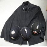 Collection of Police uniform items to include: a felted woollen cape with 177 to the collar and