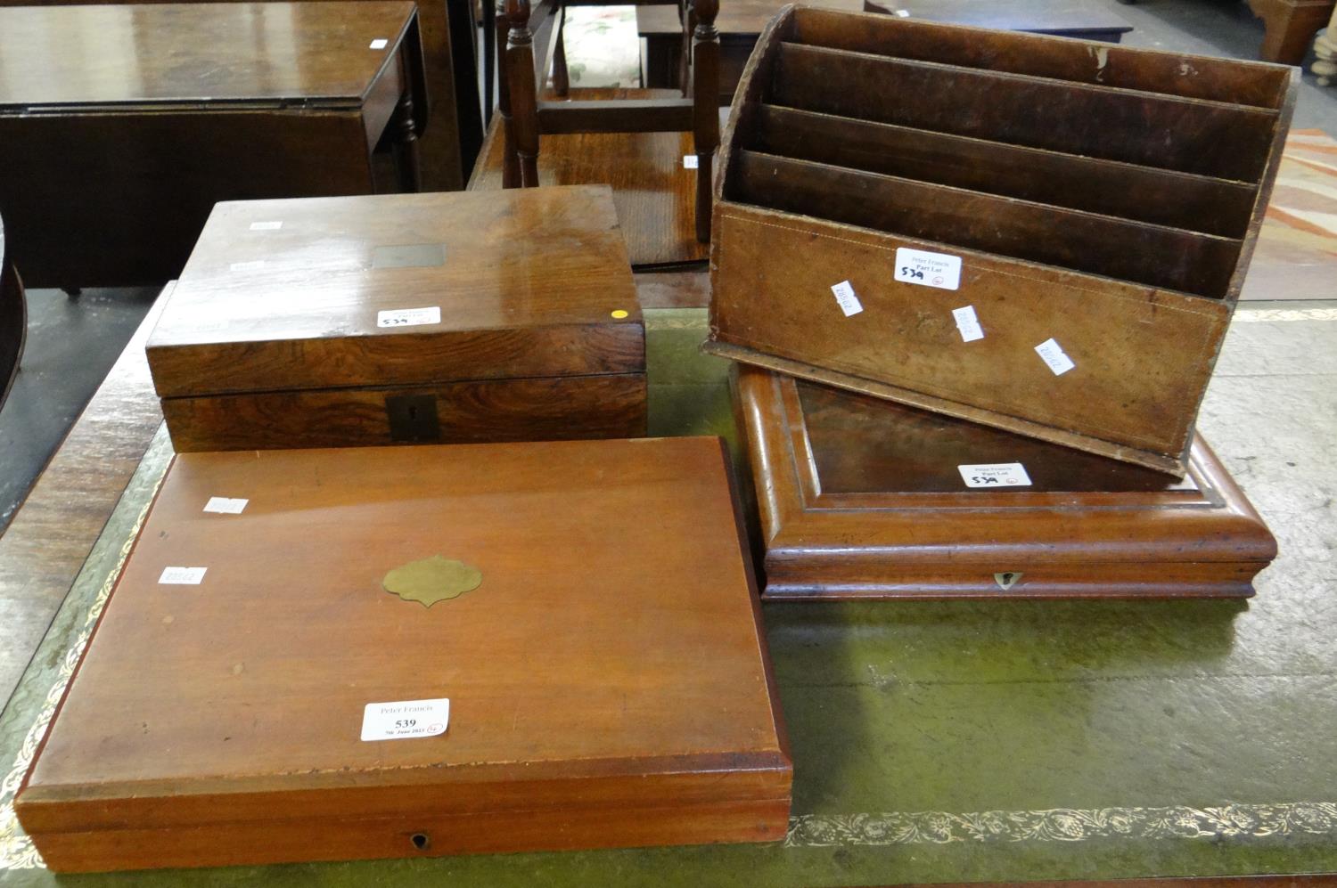 Two empty cutlery boxes together with a 19th century rosewood writing slope and a letter rack. (4)