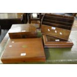 Two empty cutlery boxes together with a 19th century rosewood writing slope and a letter rack. (4)