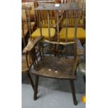 Primitive style stained stick back chair with carved initials G H. (B.P. 21% + VAT)