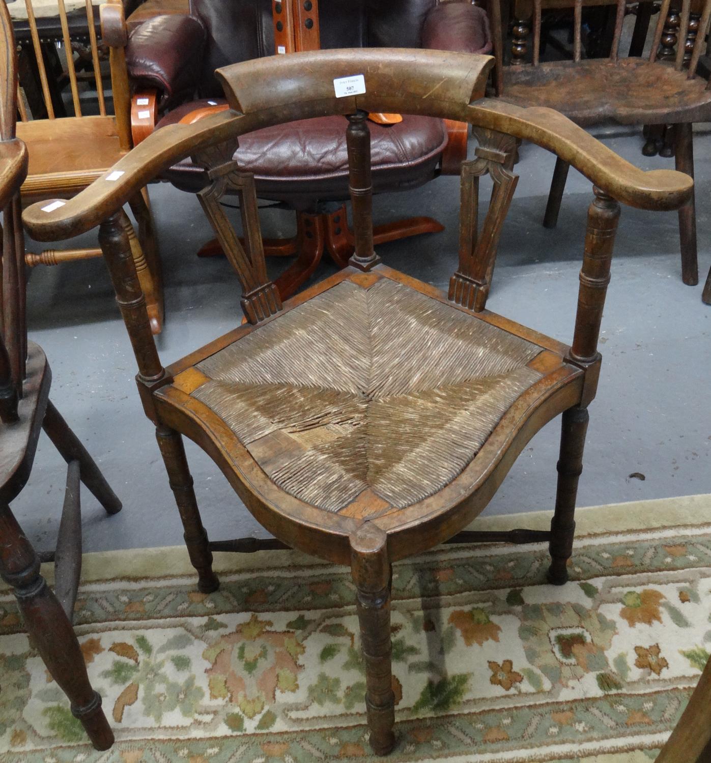 18th century style corner chair with rush seat on X frame stretcher. (B.P. 21% + VAT)