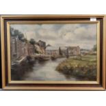 EEV, (Welsh School), quayside scene with castle above and bridge, possibly Haverfordwest, signed