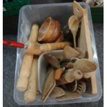 Box of wooden kitchenalia to include: rolling pins, wooden bowls, spoons, butter pats, chopping