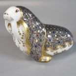 Royal Crown Derby bone china paperweight with gold label of a walrus. (B.P. 21% + VAT)
