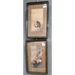 Pair of Japanese prints featuring an Eagle and a Monkey amongst foliage. 27x15cm approx. Framed. (2)