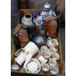 Mixed box of items including: Chinese porcelain blue and white Qing period ginger jar (missing